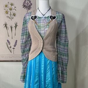 Anthropologie Porridge Sheer Plaid Metallic Top NWT Whimsy Twee Mod Retro L